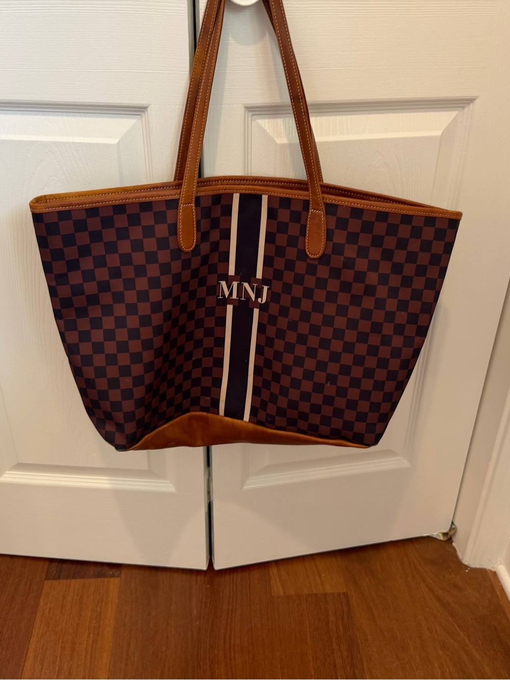 Barrington Checkered Tote Bag in Brown with Tan Trim
